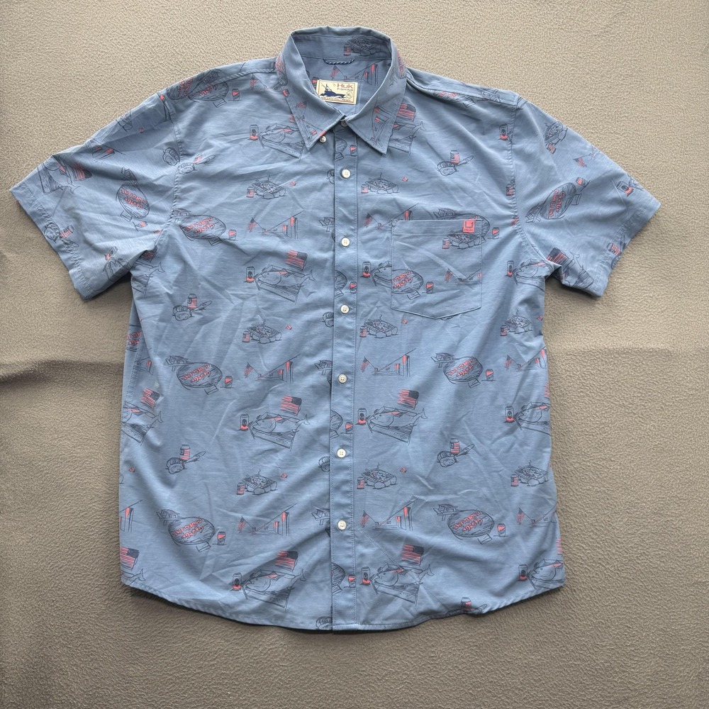 Huk Shirt Mens XL Blue Fish Print Patriotic Short Sleeve Button Up Fishing